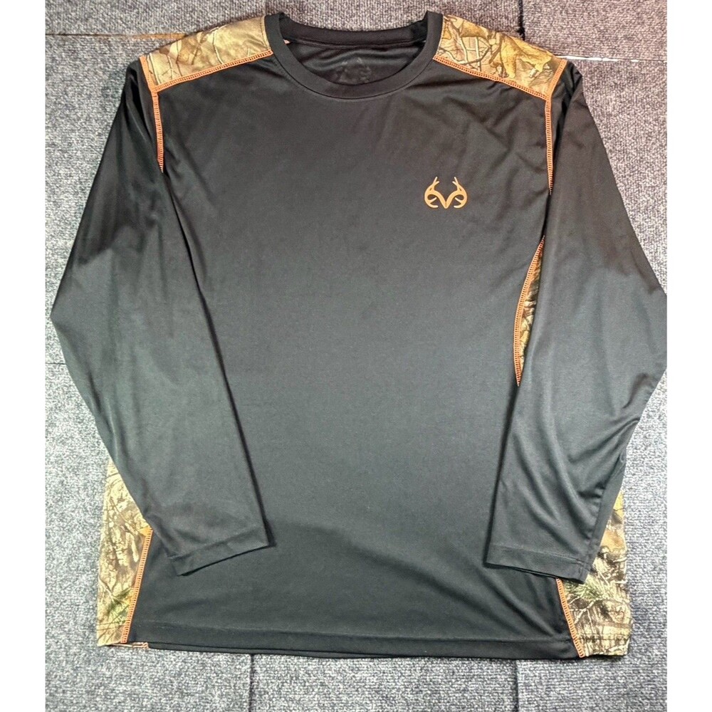Realtree Men's Long Sleeve Performance Shirt Black Camo Orange Logo Size XXL